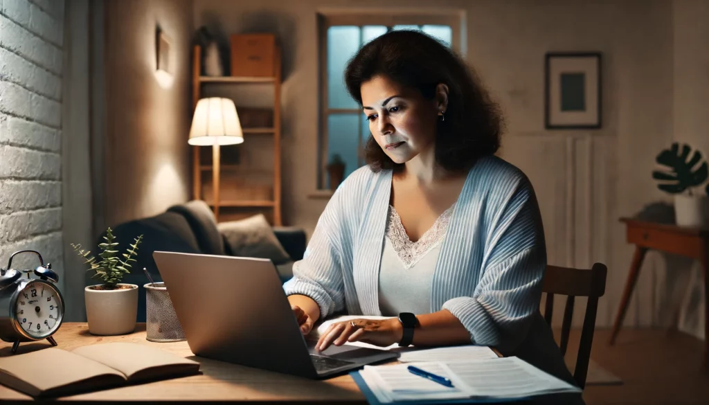 Une femme métisse de 45 ans, assez ronde, en reconversion professionnelle pour une formation dans le médico-social à distance