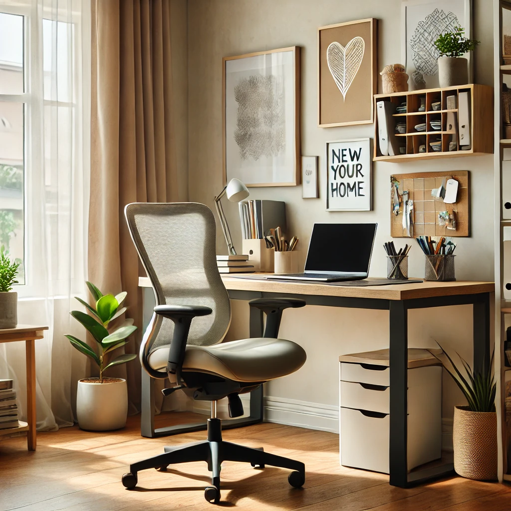 Espace de travail calme et organisé avec un bureau moderne, une chaise ergonomique, un ordinateur portable, et des plantes en pot, baigné de lumière naturelle, idéal pour la formation à distance.