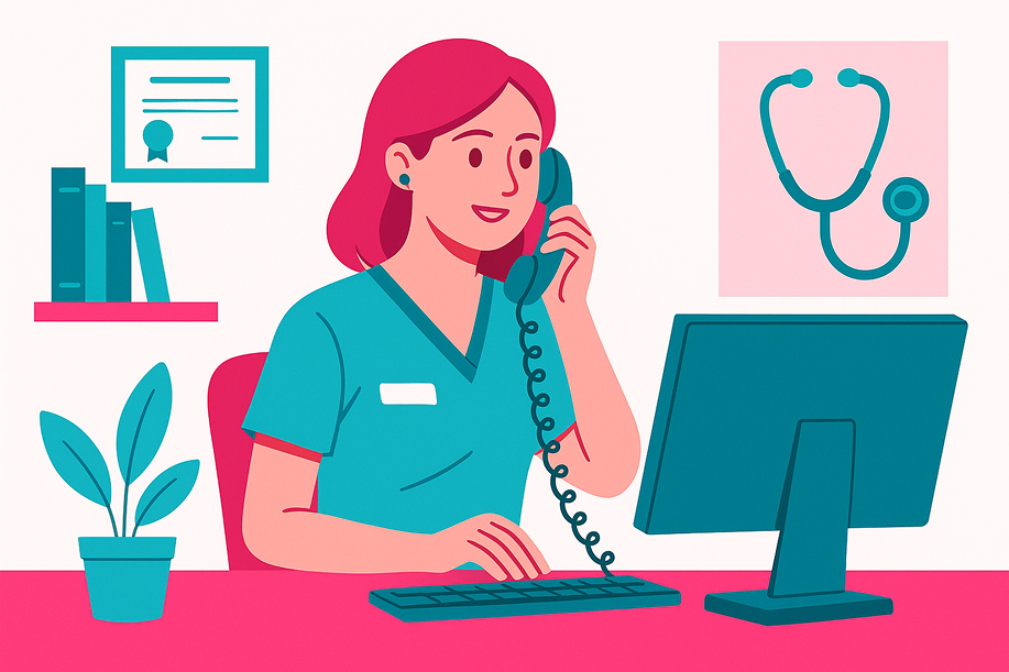 Secrétaire médicale en tenue turquoise, en poste au téléphone devant un ordinateur, symboles d’hôpital, laboratoire, domicile en arrière-plan