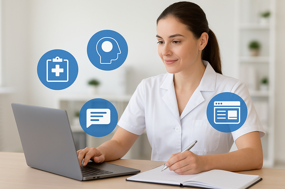 Étudiante en formation secrétaire médicale en ligne, concentrée sur son ordinateur portable, avec des icônes représentant les modules de formation