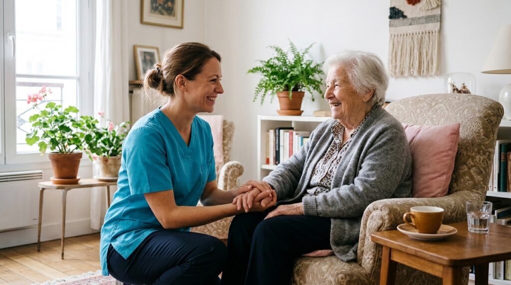 Assistante de vie aux familles accompagnant une personne âgée à domicile, l’un des métiers du médico-social